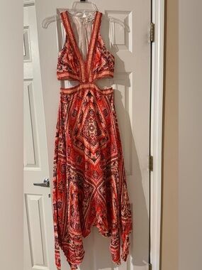 Guess xs pink orange Red Printed side Cutout Maxi Dress asymmetrical